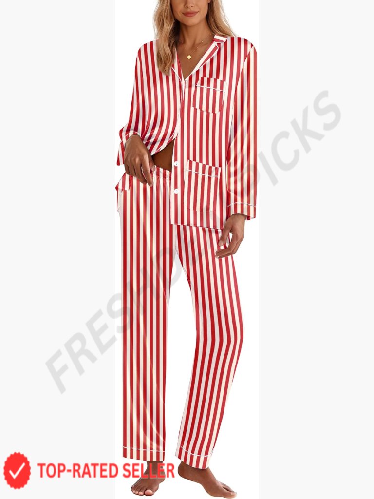 Satin Pajama Set Classic Button Down Long Sleeve Lounge Set Silk